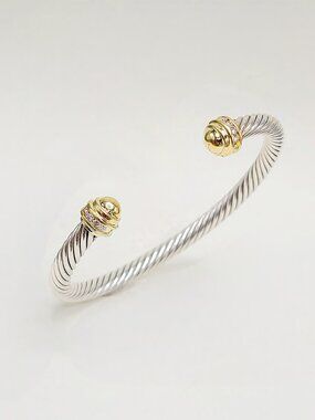David Yurman Cable Gold Dome Bracelet w/ 18K Gold & White Diamonds - Size Medium